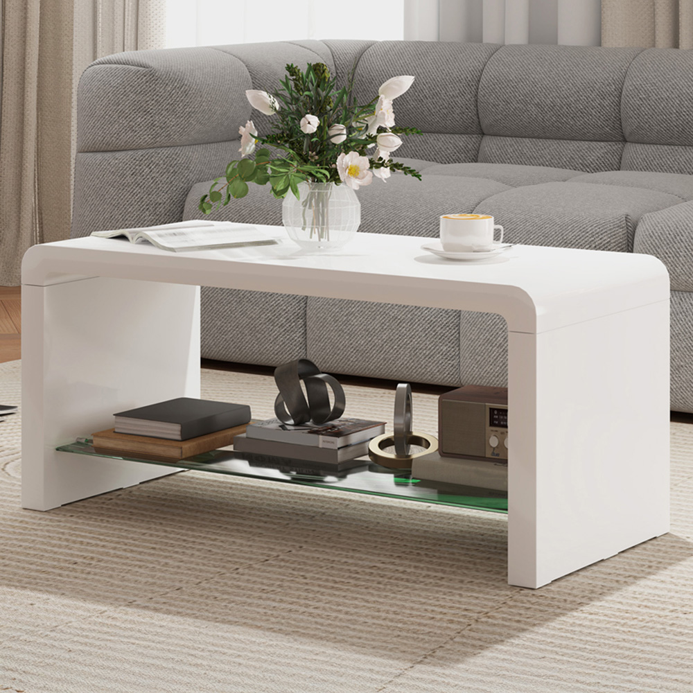 HOMCOM 2-TierHigh Gloss White Storage Coffee Table Image 1