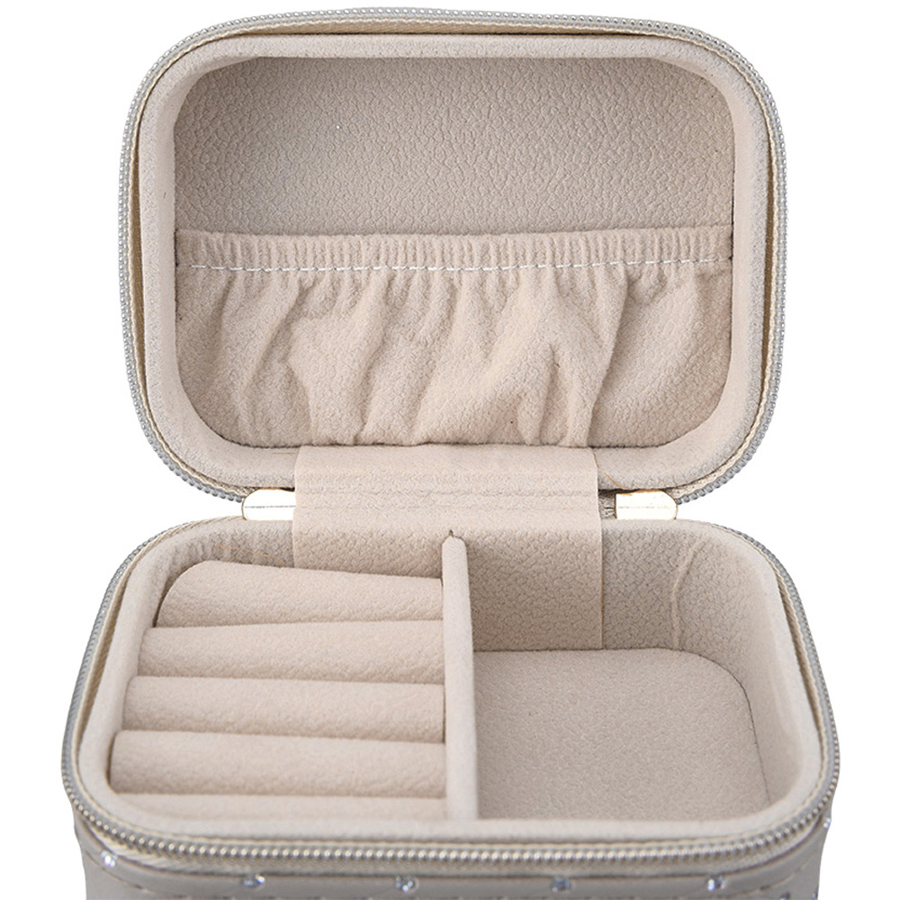 Living and Home Grey PU Leather Rhinestone Detailing Travel Jewellery Box Image 5