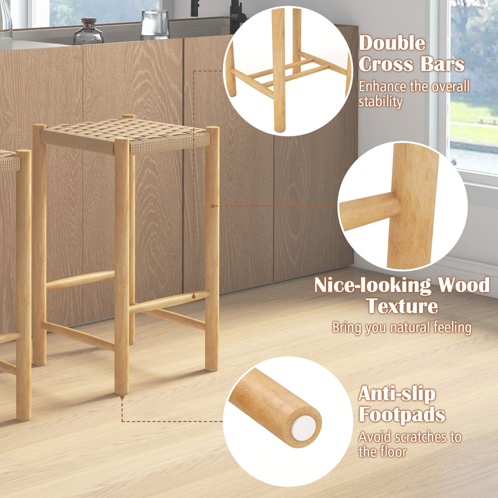 Costway Woven Paper Rubberwood Frame Dining Stool Set of 2 Image 5