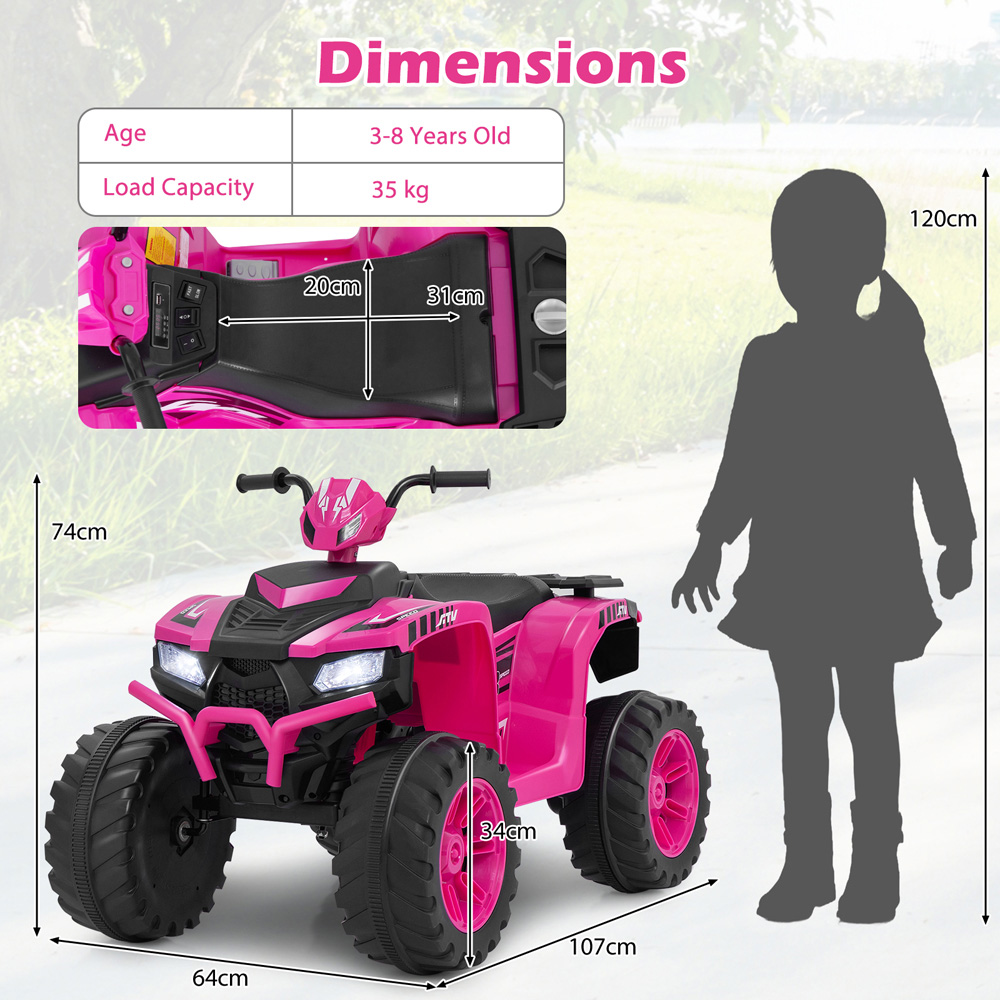 Costway Kids Pink Ride On ATV Toy Car with LED Lights and Wireless Connection 24V Image 8