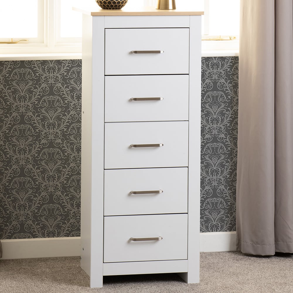 Seconique Portland 5 Drawer White and Oak Effect Narrow Chest of Drawers Image 1