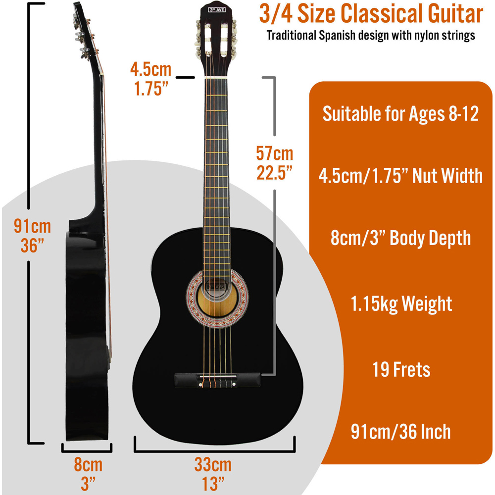 3rd Avenue Black Three Quarter Size Classical Guitar Set Image 6