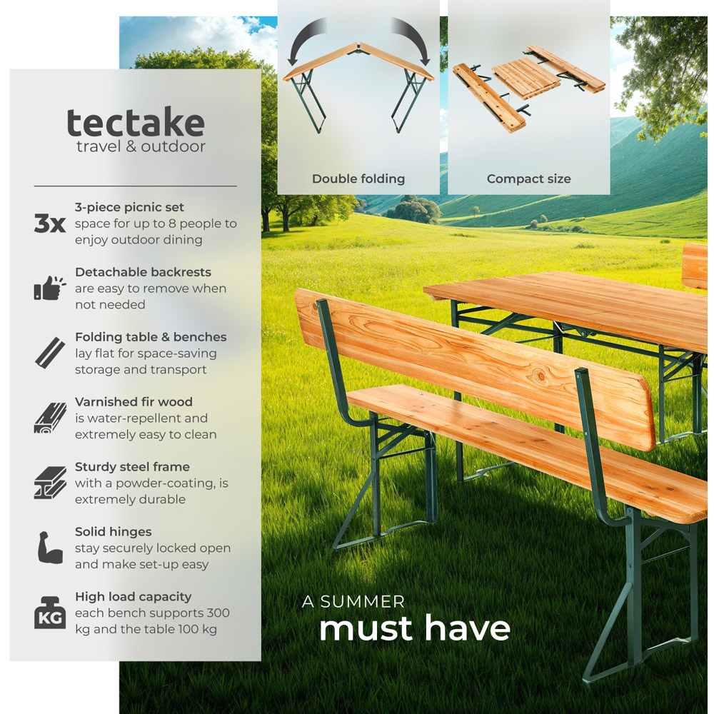 tectake Franz II 8 Seater Foldable Picnic Table and Bench Set Brown Image 5
