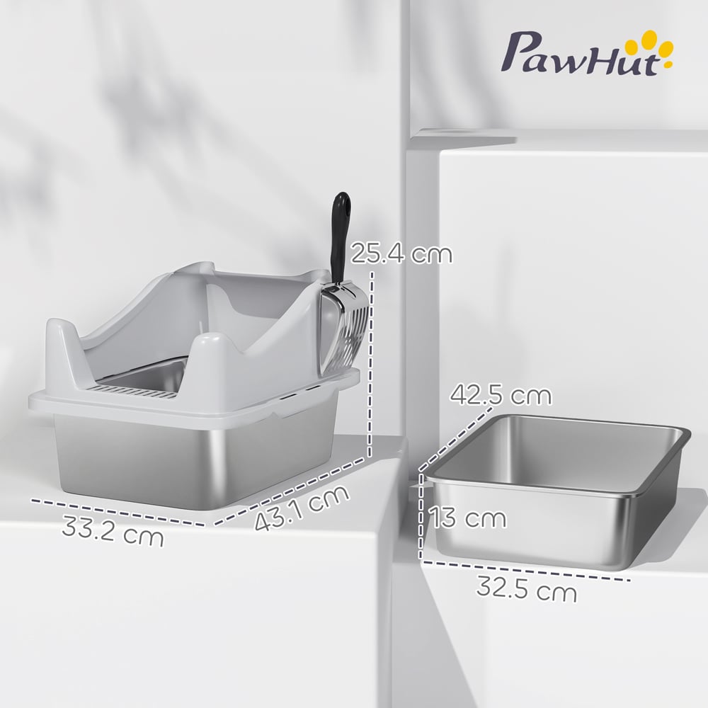 PawHut 43 x 33 x 25cm Stainless Steel Cat Litter Box with High Sides Image 9