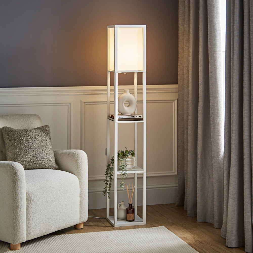 ValueLights Struttura 3 Shelf Fabric Shade White Shelving Unit Floor Lamp Image 2
