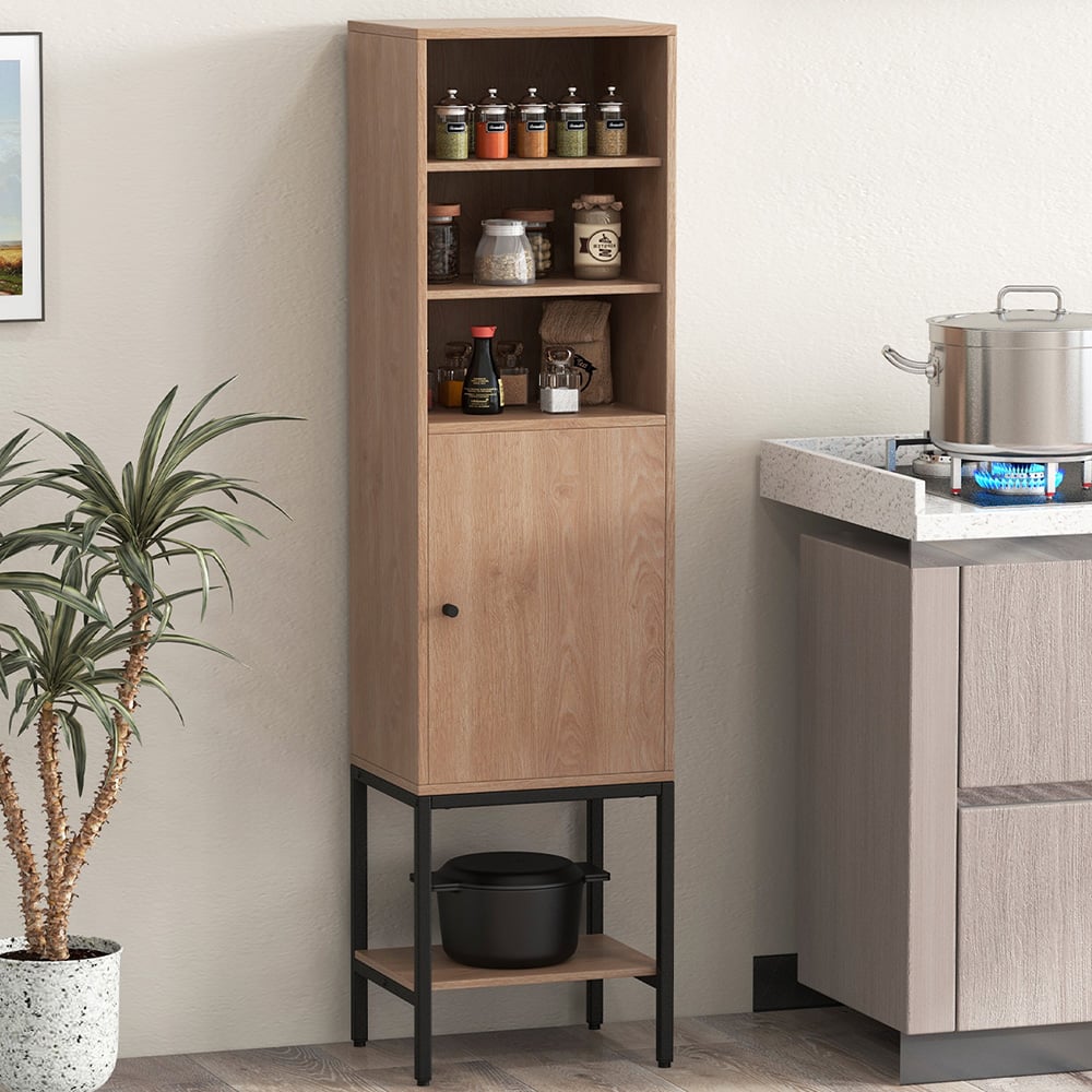 Costway Single Door 4 Shelf Natural Tall Storage Cabinet Image 1
