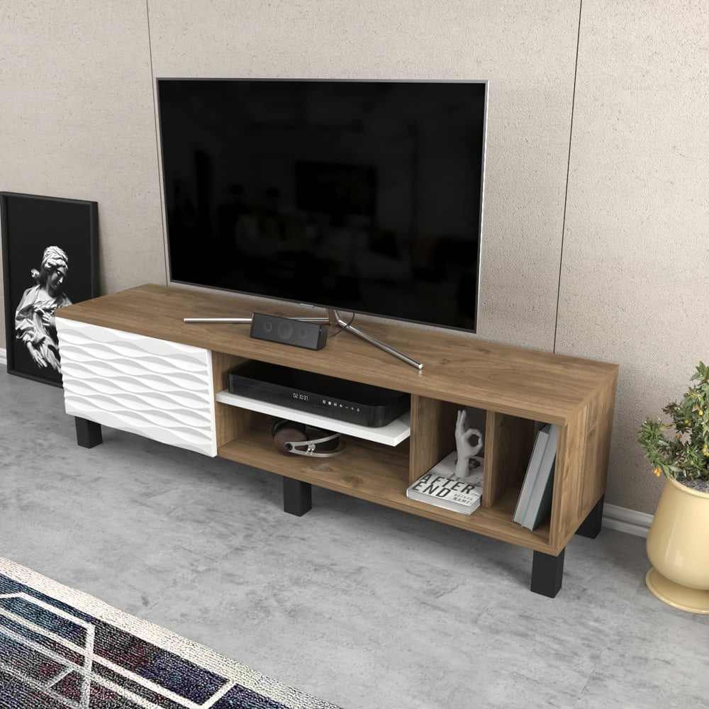 Decorotika Olyo Single Door 4 Shelf Walnut and White TV Unit Image 3