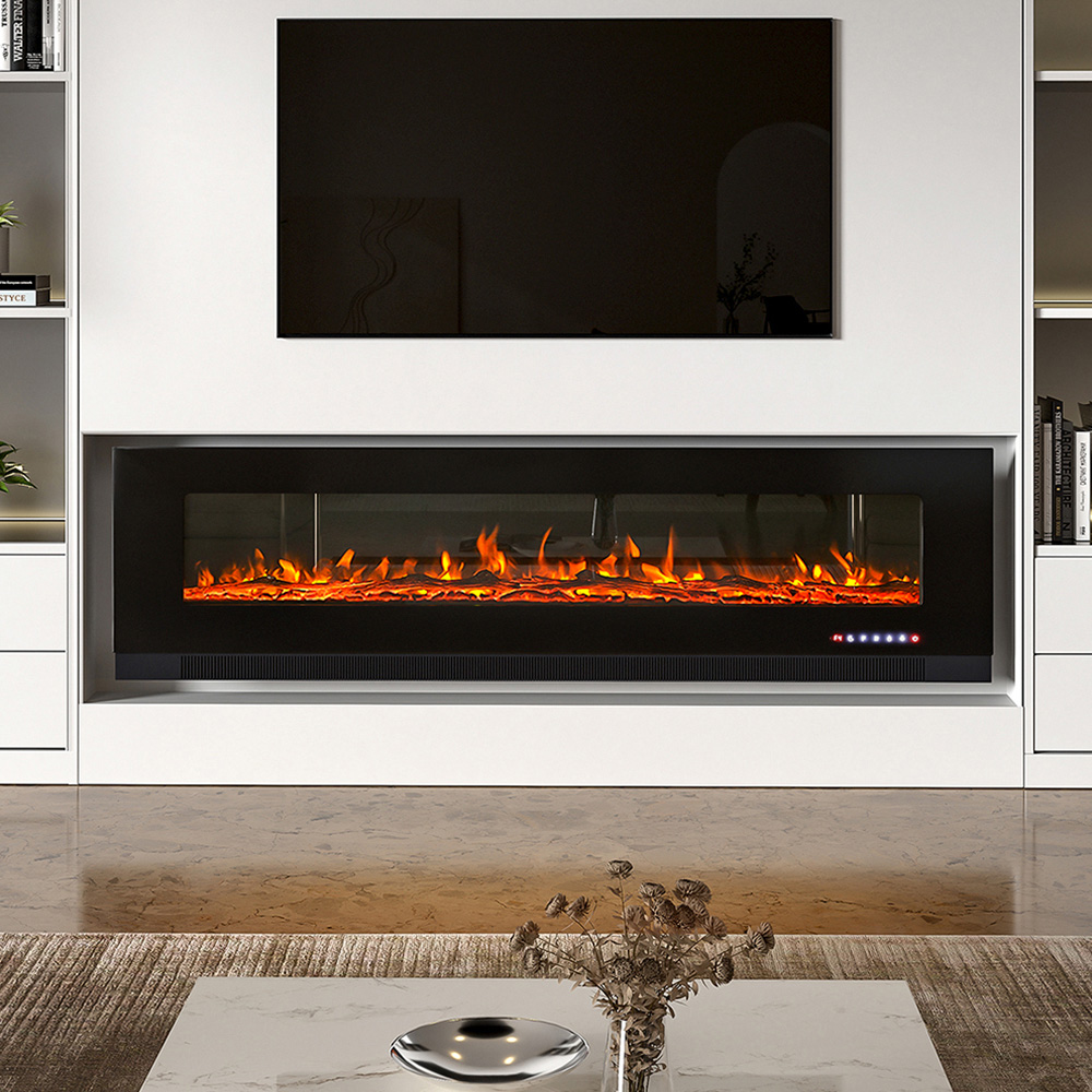 Living and Home Wall Mounted Recessed Electric Fireplace with Faux Log and Pebble Accents 72 inch Image 7