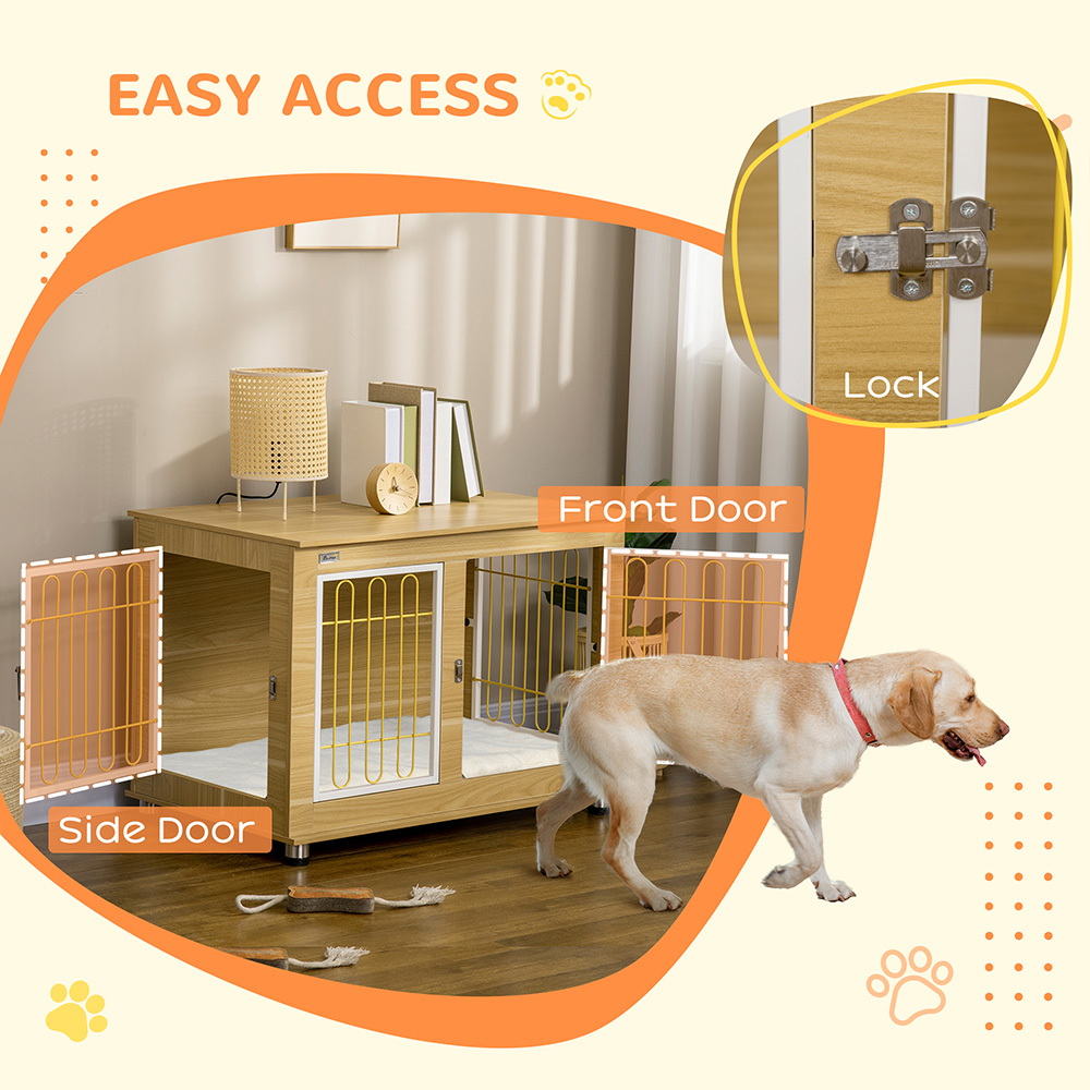 PawHut Oak Tone Large Dog Pet Crate Side Table with Cushion Image 3