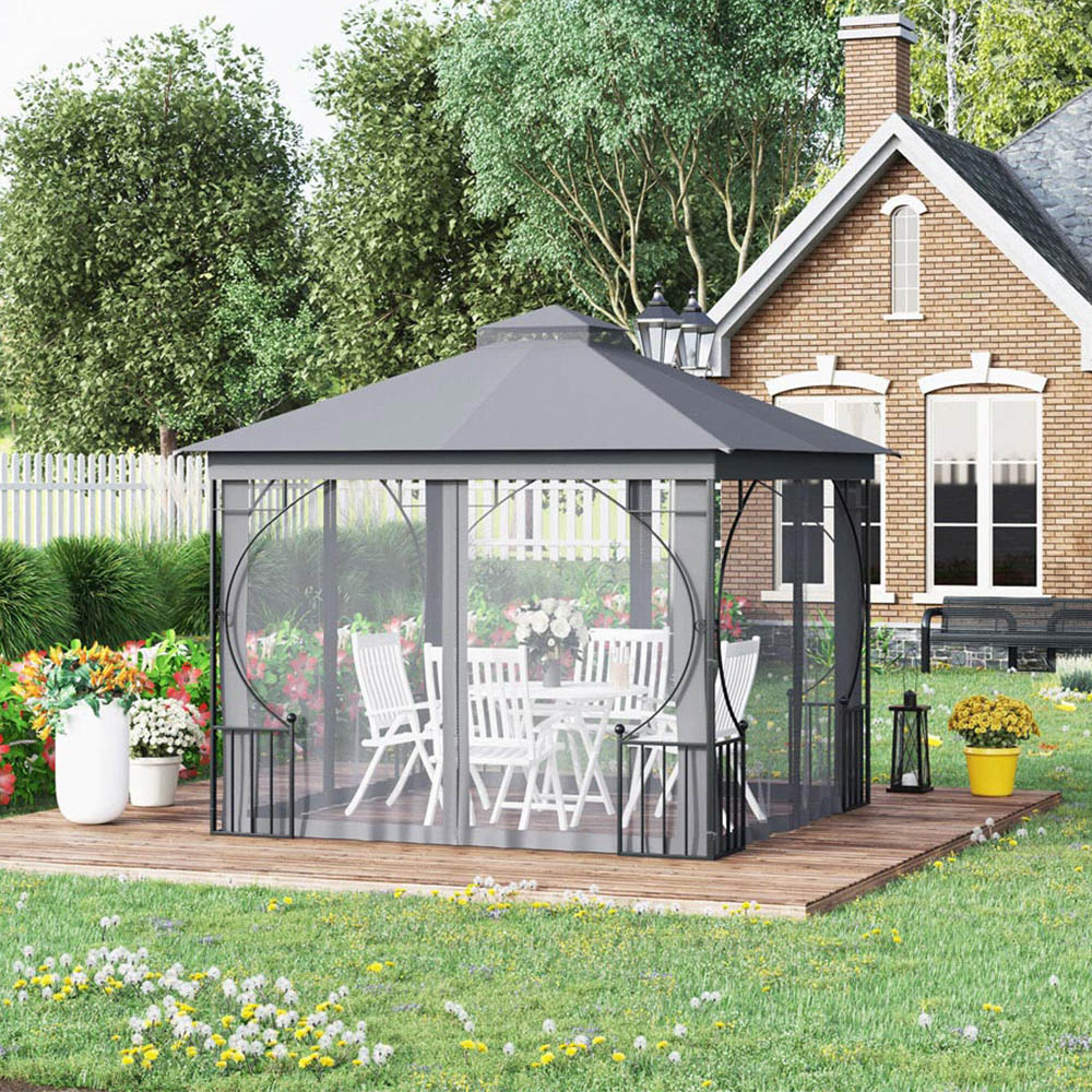 Outsunny 3 x 3m Light Grey Steel Frame Gazebo with Mesh Curtains Image 1