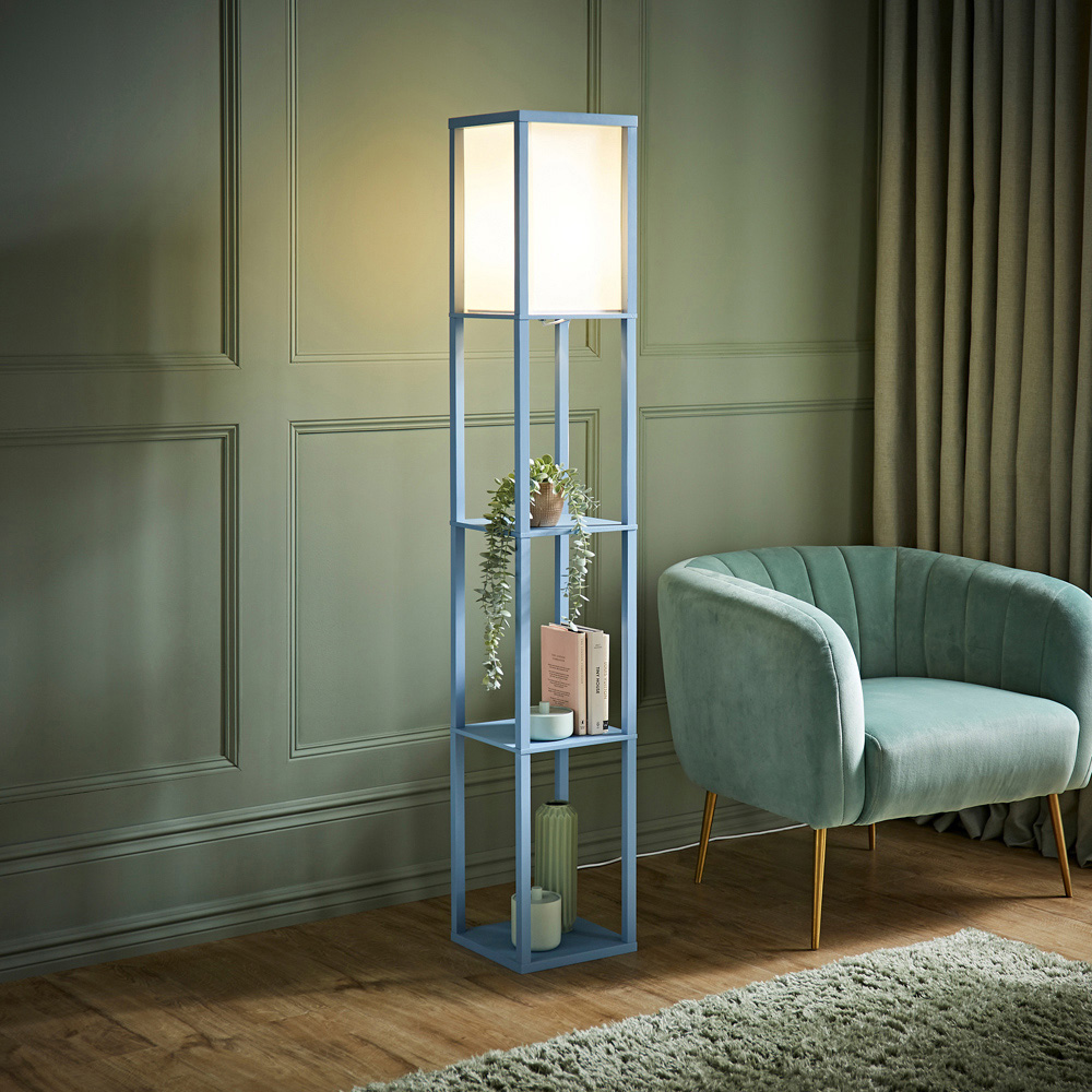 ValueLights Struttura Fabric Shade Blue Shelving Unit Floor Lamp with Bulb Image 2