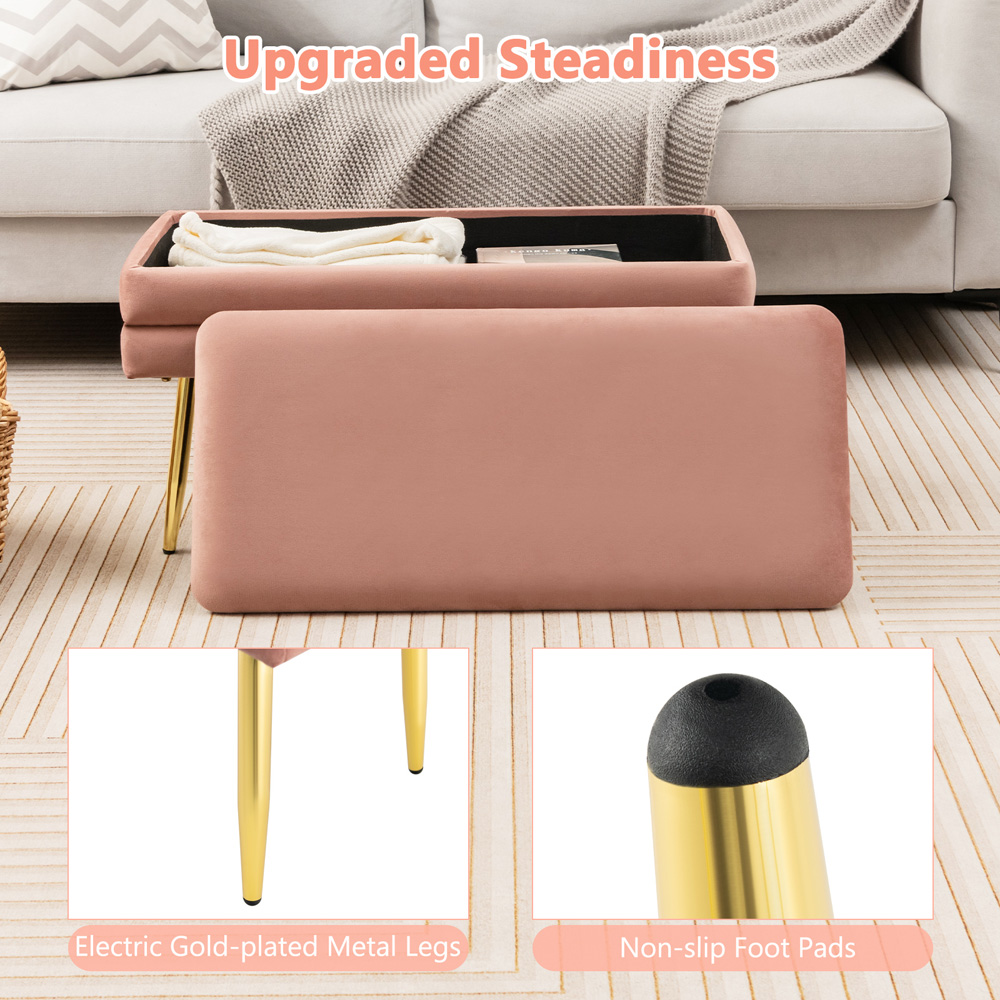 Costway Pink Velvet Upholstered Storage Bench Image 6