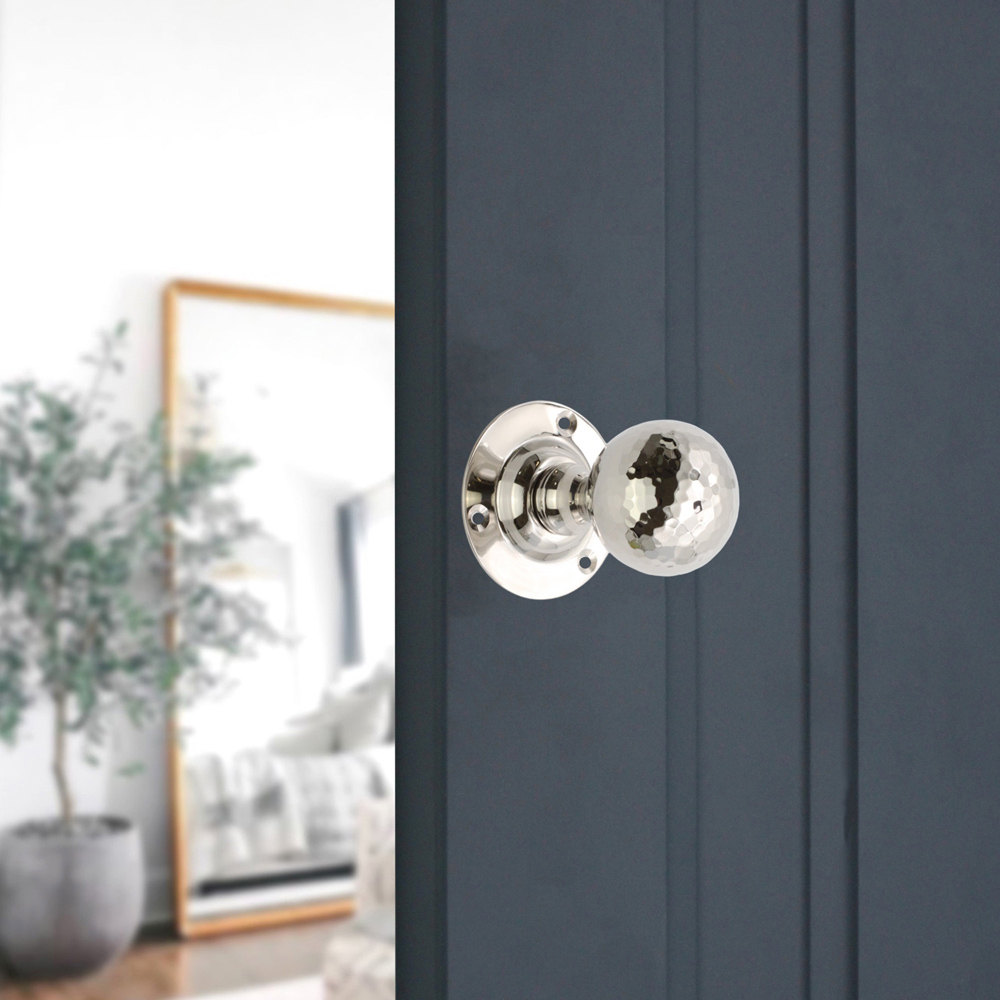 Spira Brass Polished Nickel Hammered Ball Mortice Door Knob 2 Pack Image 2