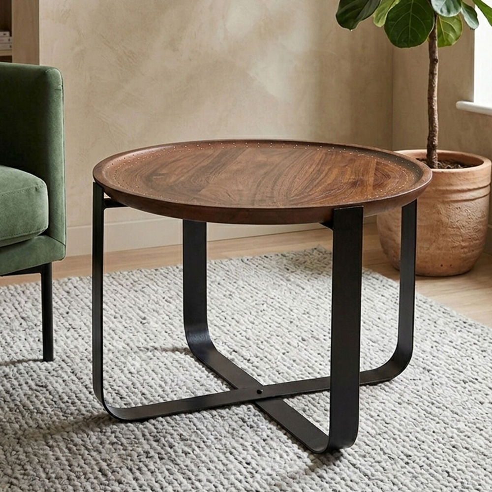 Premier Housewares Templar Mango Wood Round Side Table with Black Base Image 4