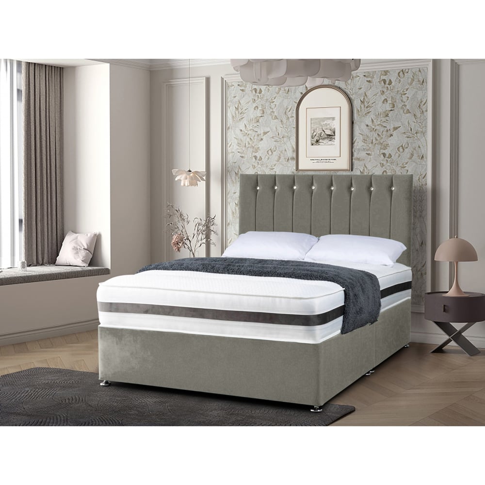 Eleganza Home Cocoon Small Double Grey Plush Velvet Divan Bed with Headboard Image 2