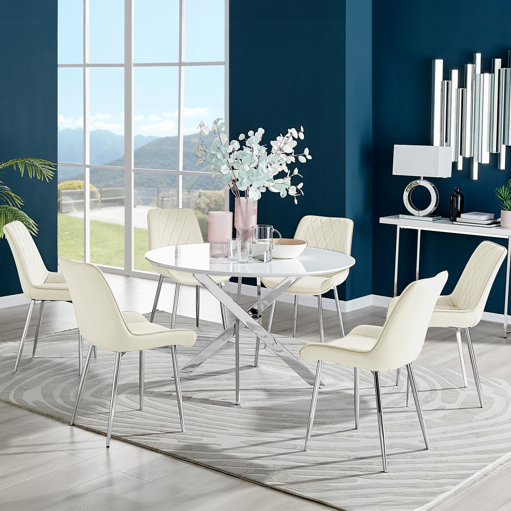 Furniturebox Arona Cesano 6 Seater Round Dining Set White Gloss Chrome and Cream Image 1