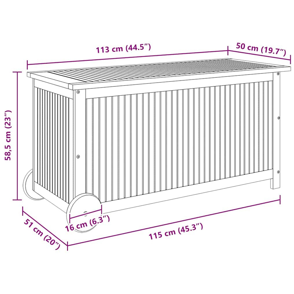 Walplus Solid Wood Acacia Garden Storage Box with Wheels 58 x 113 x 50cm Image 8