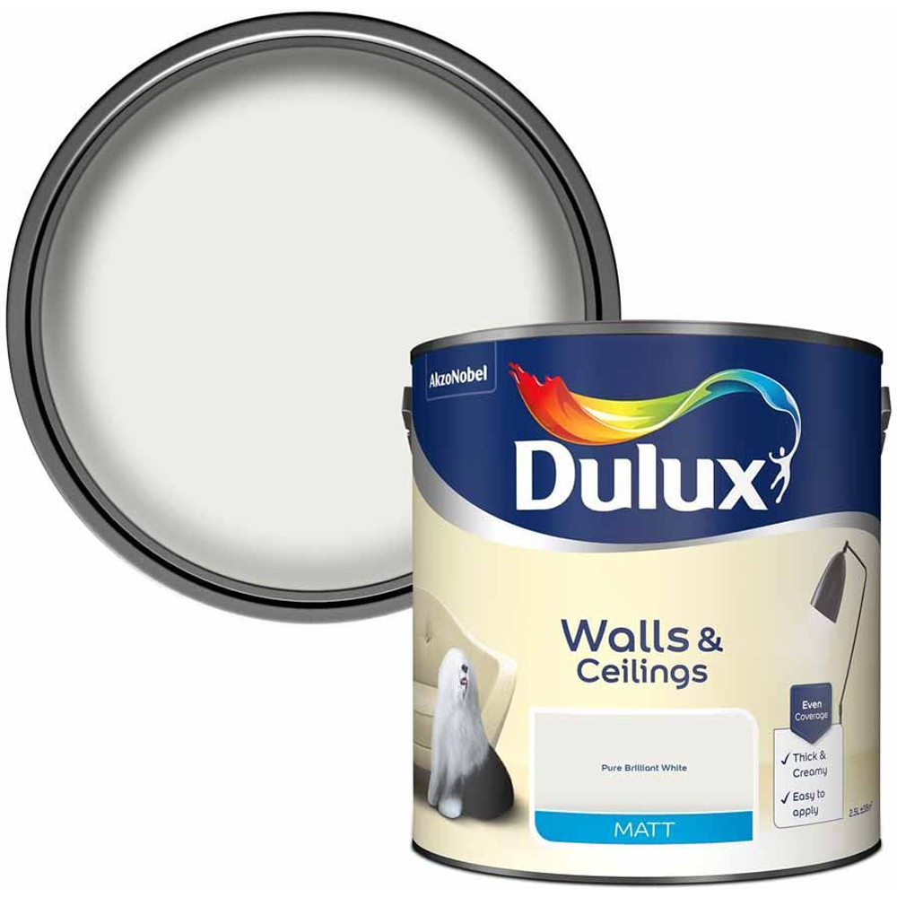 Dulux Walls & Ceilings Pure Brilliant White Matt Emulsion Paint 2.5L Image 1