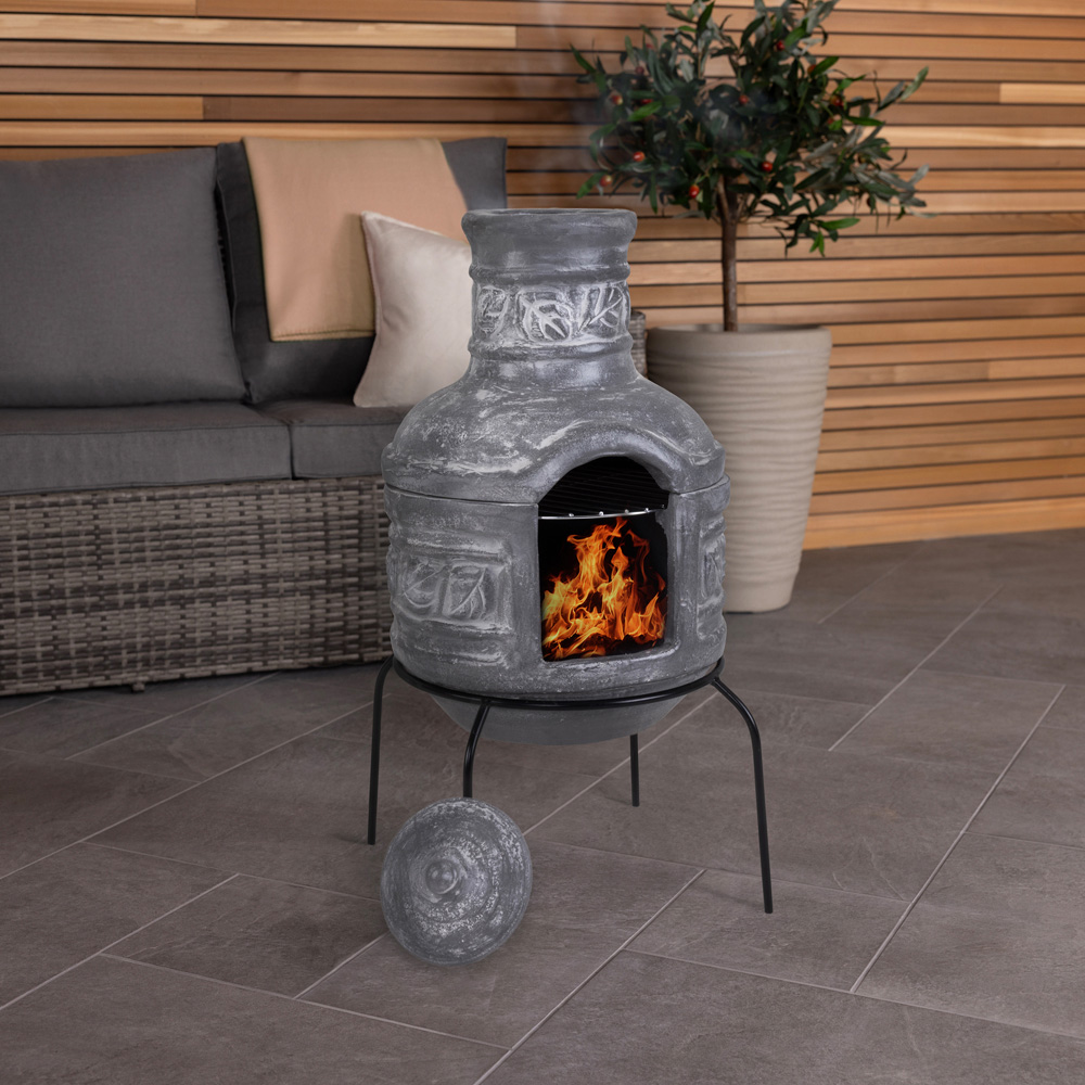 Charles Bentley Snug Granada Leaf Motif Clay Chiminea with BBQ Grill Lid and Stand Image 6