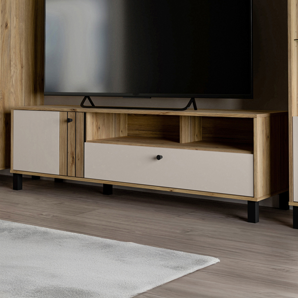 Florence Grafton Single Door Single Drawer 2 Shelf Cream and Oak TV Unit Image 1