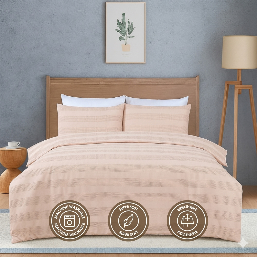 MHG Living Single Dusky Pink Dobby Waffle Striped Duvet Set Image 6