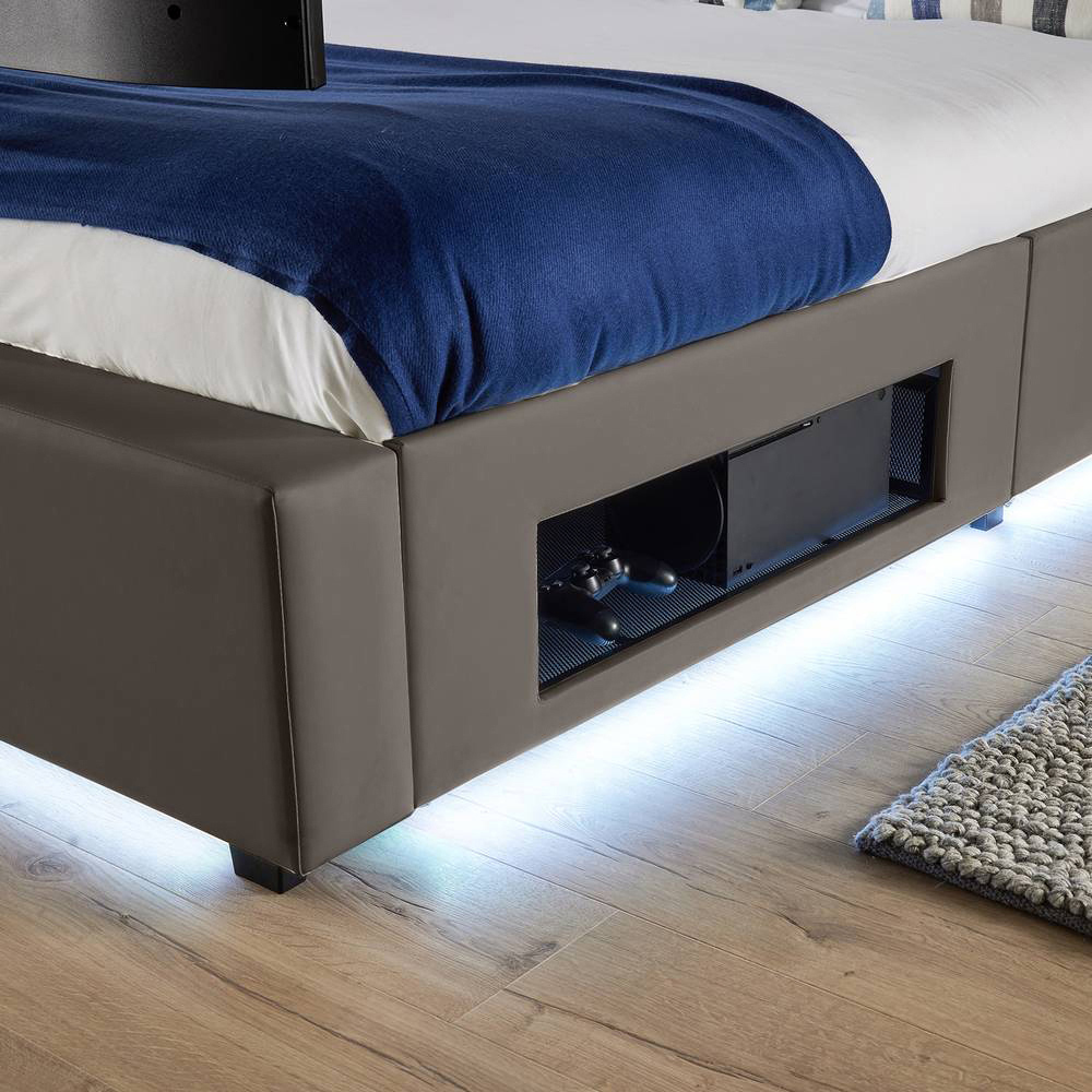 XR Living Ava Small Double Grey PU Upholstered TV Bed with Underbed Lights Image 4
