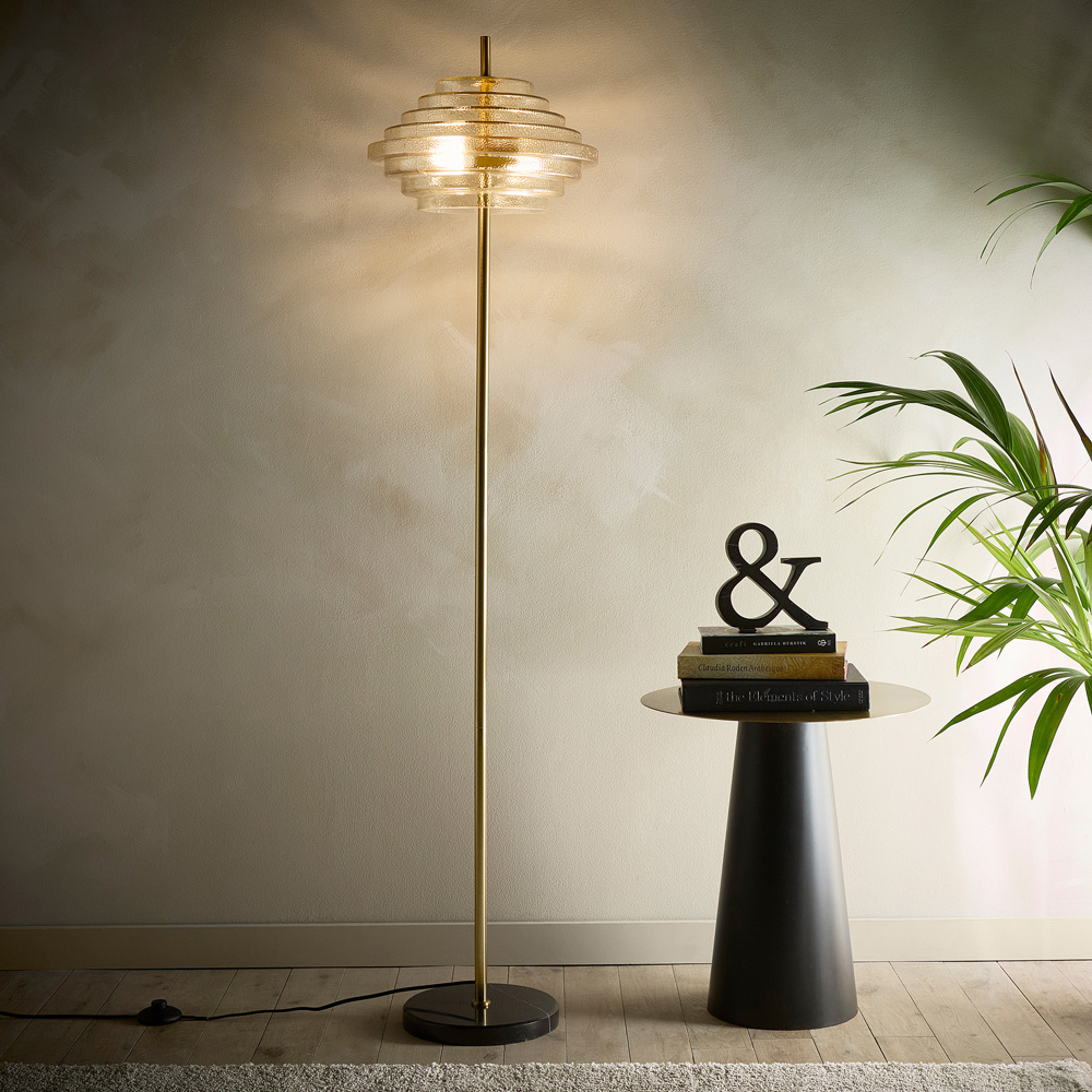 Kliving Aspen Tiered Amber Glass Brass Floor Lamp Image 3