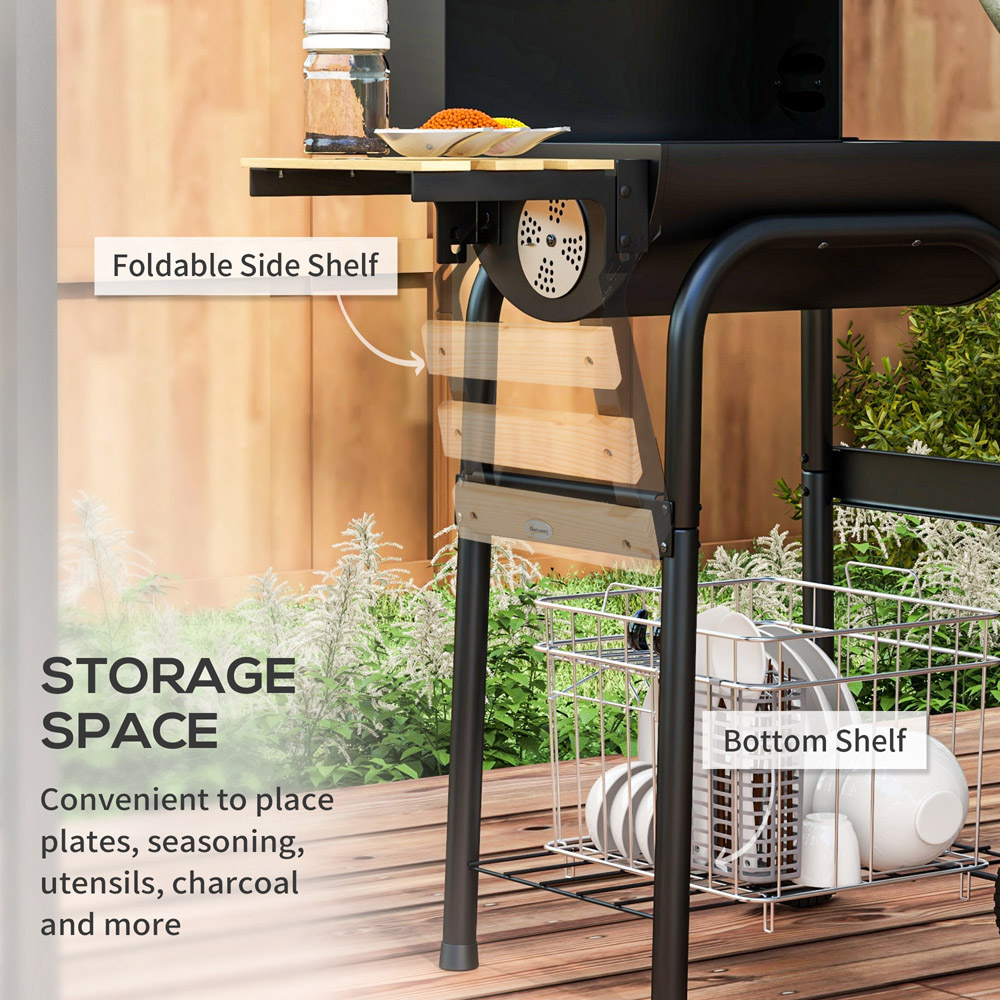 Outsunny Black Outdoor Wheeled Charcoal Barbecue Grill Trolley with Shelves Image 6