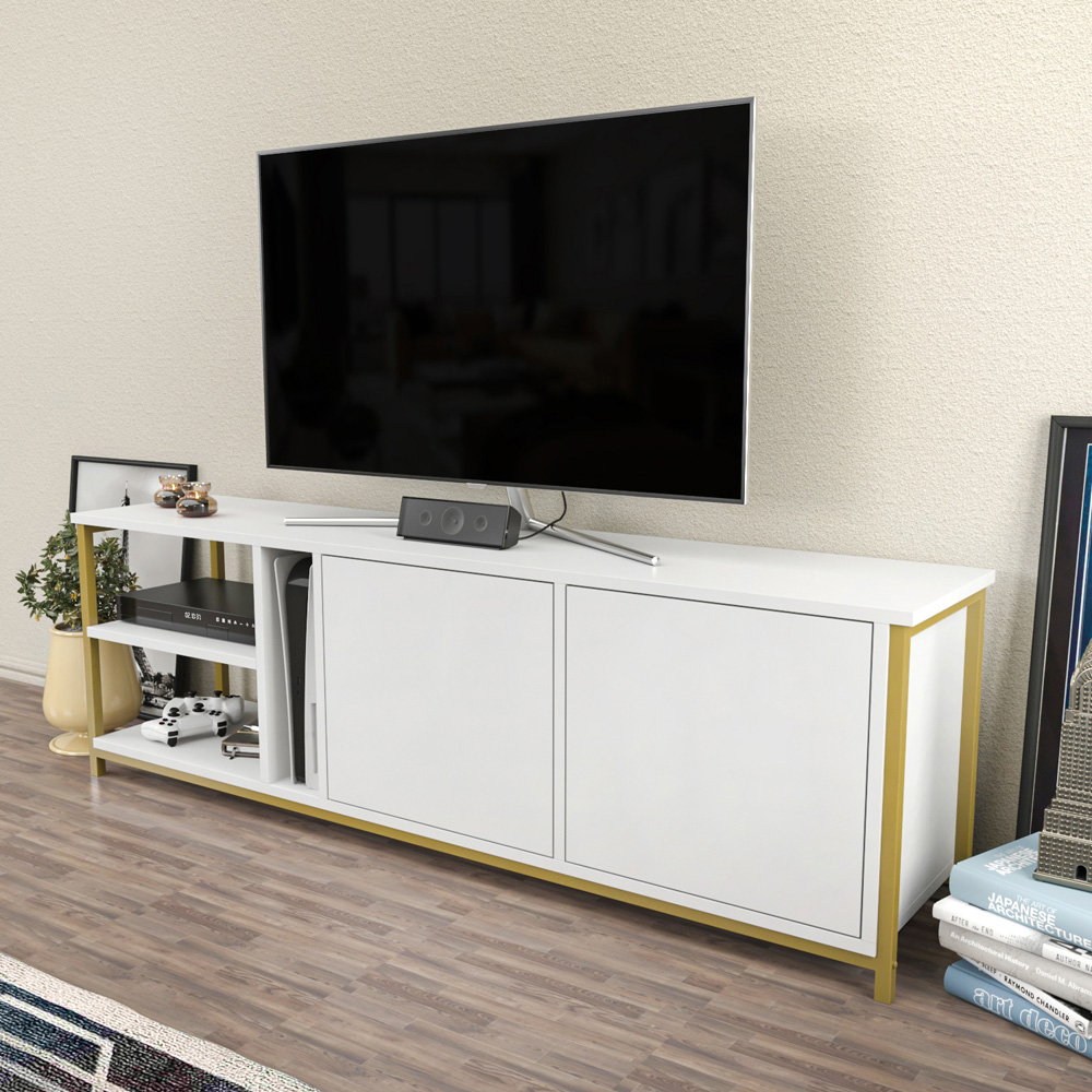 Decorotika Primrose 2 Door 3 Shelf Gold and White TV Stand for 72 inch TV Image 6