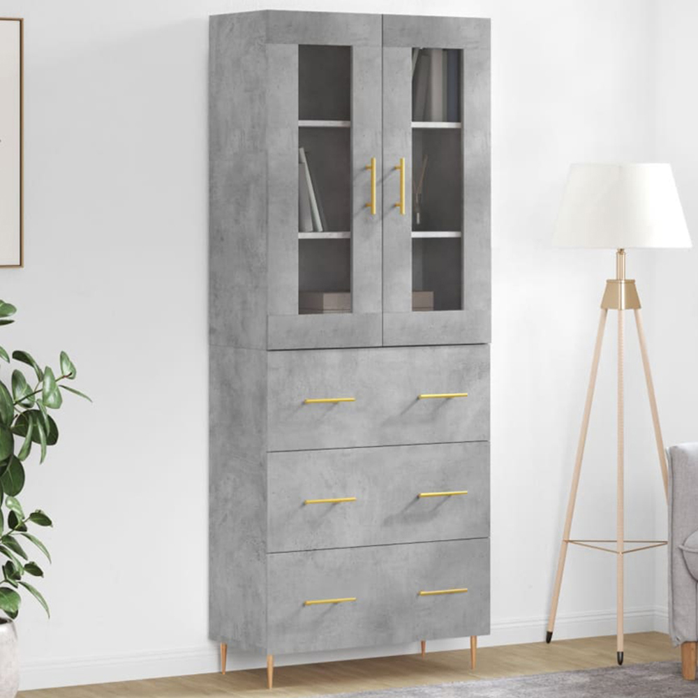 vidaXL 2 Glass Door 3 Drawer Concrete Grey Highboard with Gold Handle Image 1