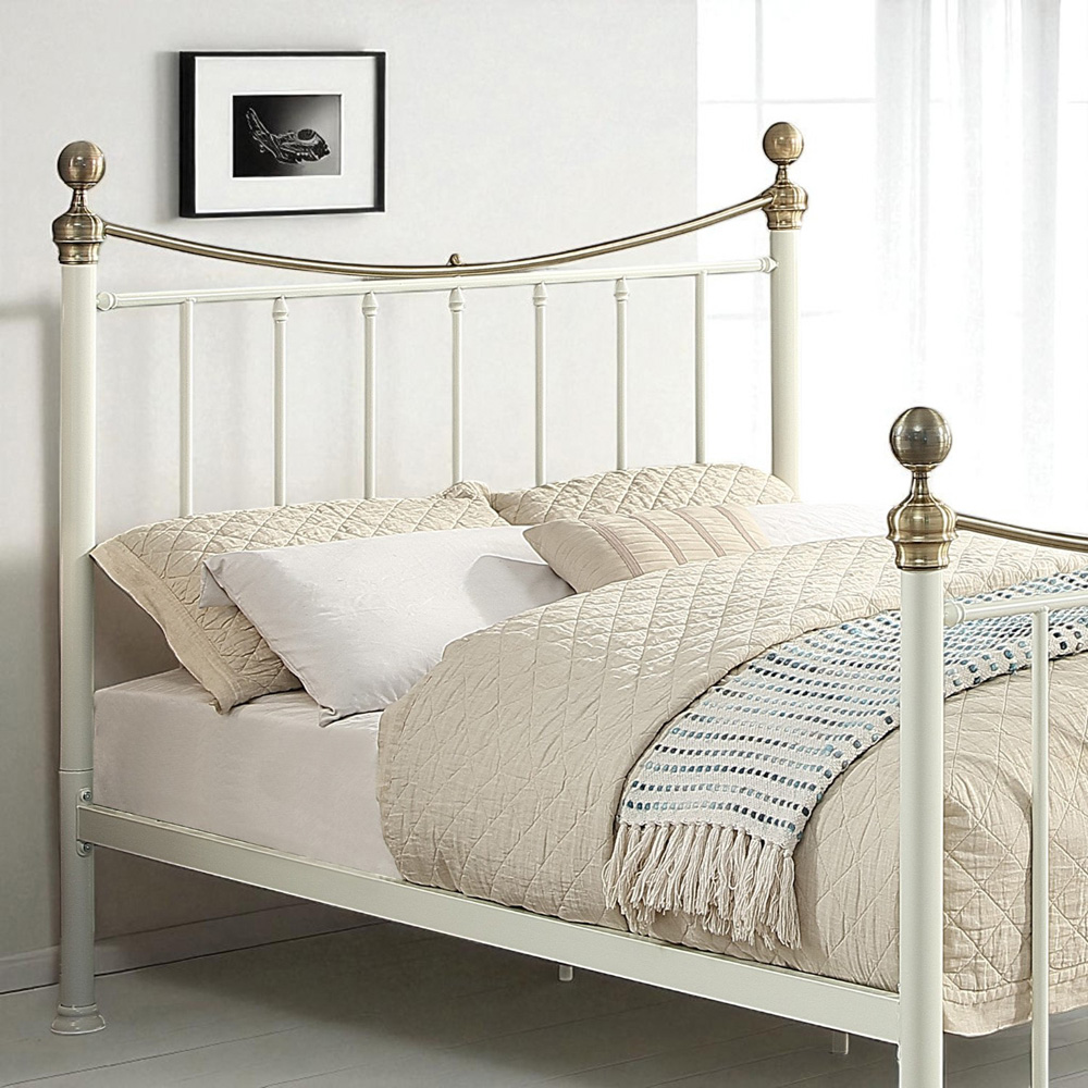 OAT Home Hampstead Double White and Brass Metal Bed Image 3