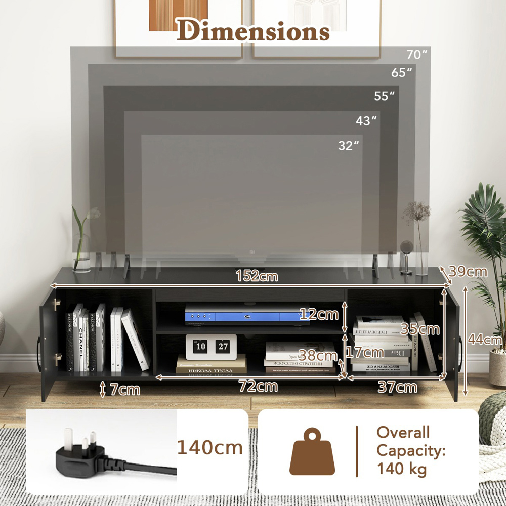 Costway 2 Door 2 Shelf Black TV Stand with Cable Holes and Power Outlet Image 9