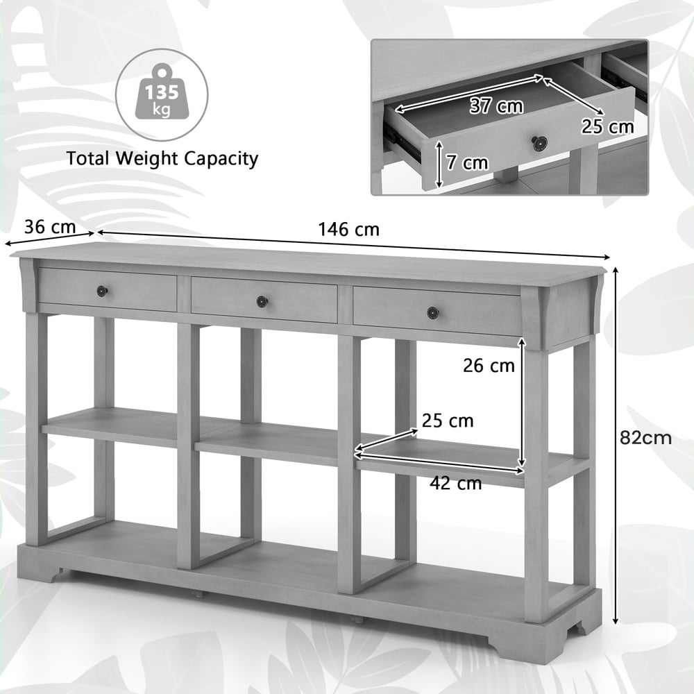 Costway 3 Drawer Open Shelf Grey Retro Console Table Image 9