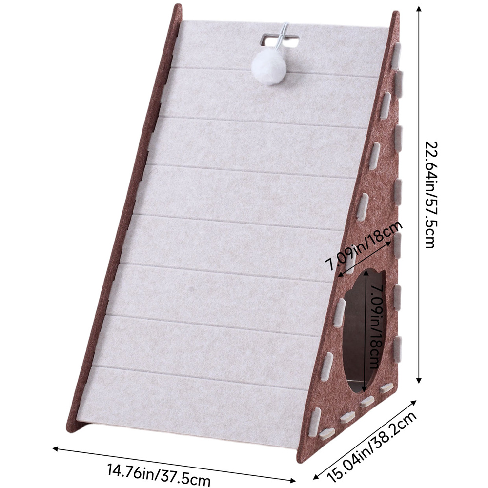 H&O Direct Brown 2 Tone Felt Triangle Cat Scratcher House with Hanging Fluffy Ball Image 6