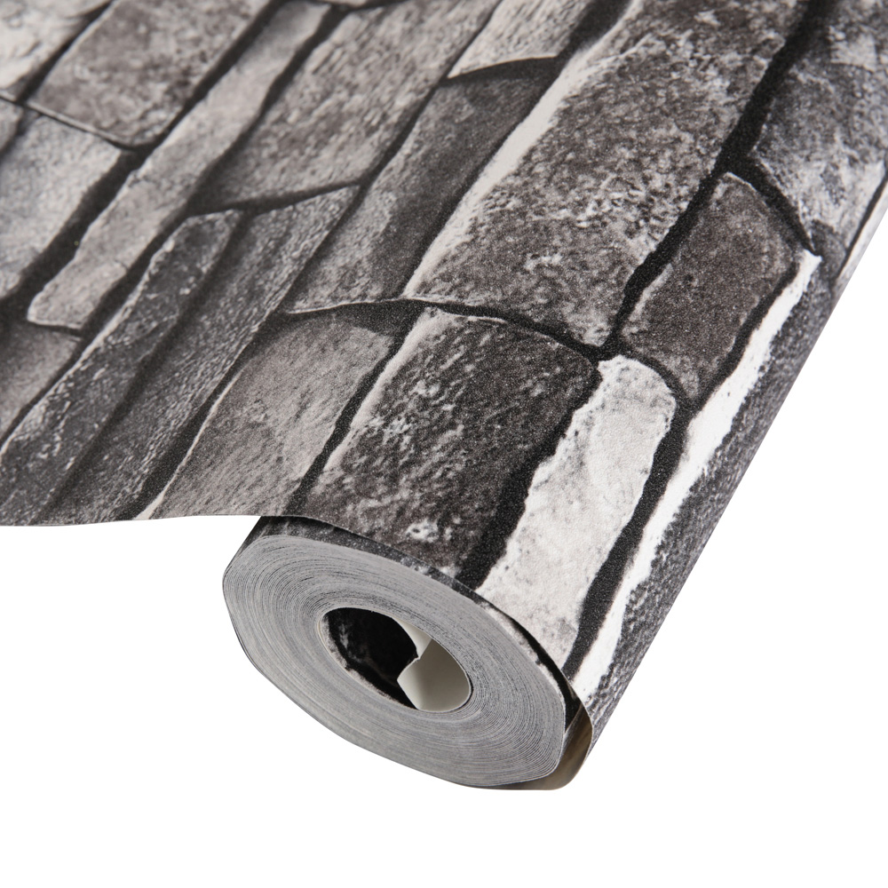 Living and Home Rustic Faux Brick 3D Grey and Black Wallpaper Roll Image 2