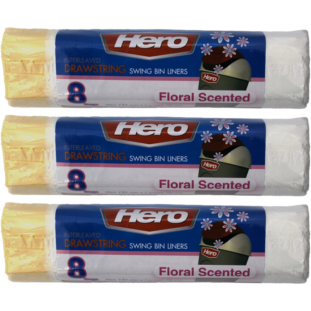 Hero Scented Drawstring Swing Bin Liner Bags White 60L 24 Pack Image 1