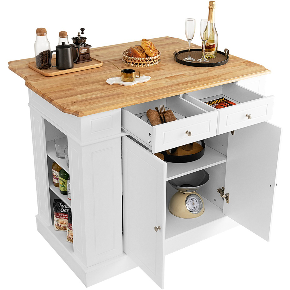 Costway White Extendable Worktop Drop Leaf Kitchen Island with Adjustable Shelf Image 3