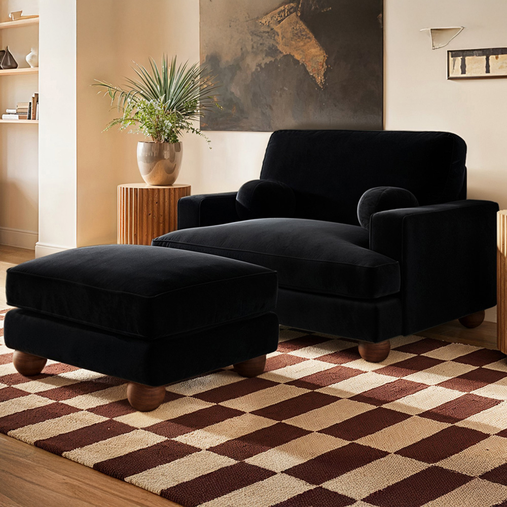 Solace+Co Addison Black Velvet Loveseat and Footstool Set Image 1