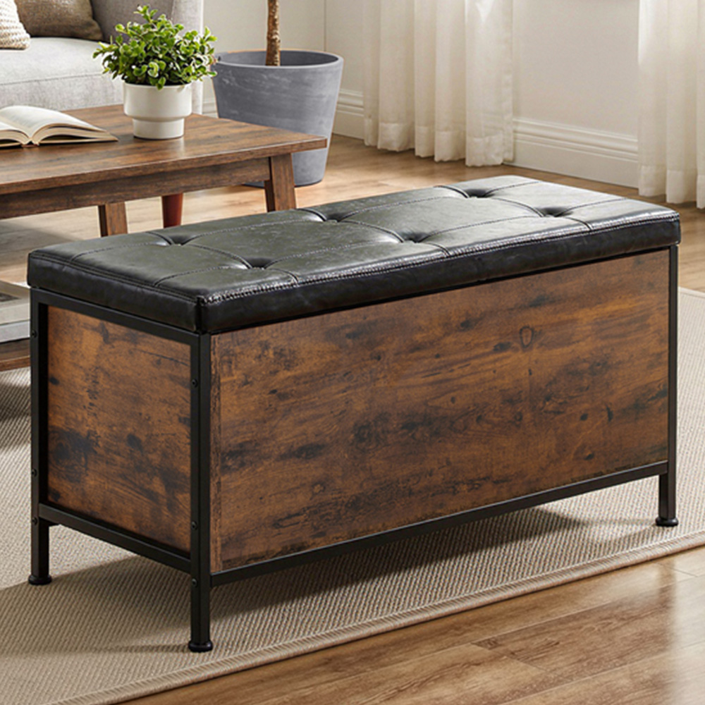tectake Calico Black Industrial Storage Bench with Padded Seat Image 1