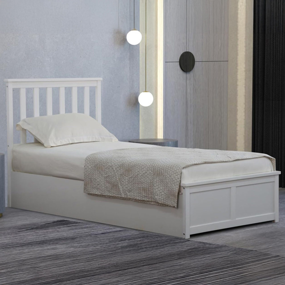 Home Treats Single White Wooden Ottoman Bed with Mattress Image 1