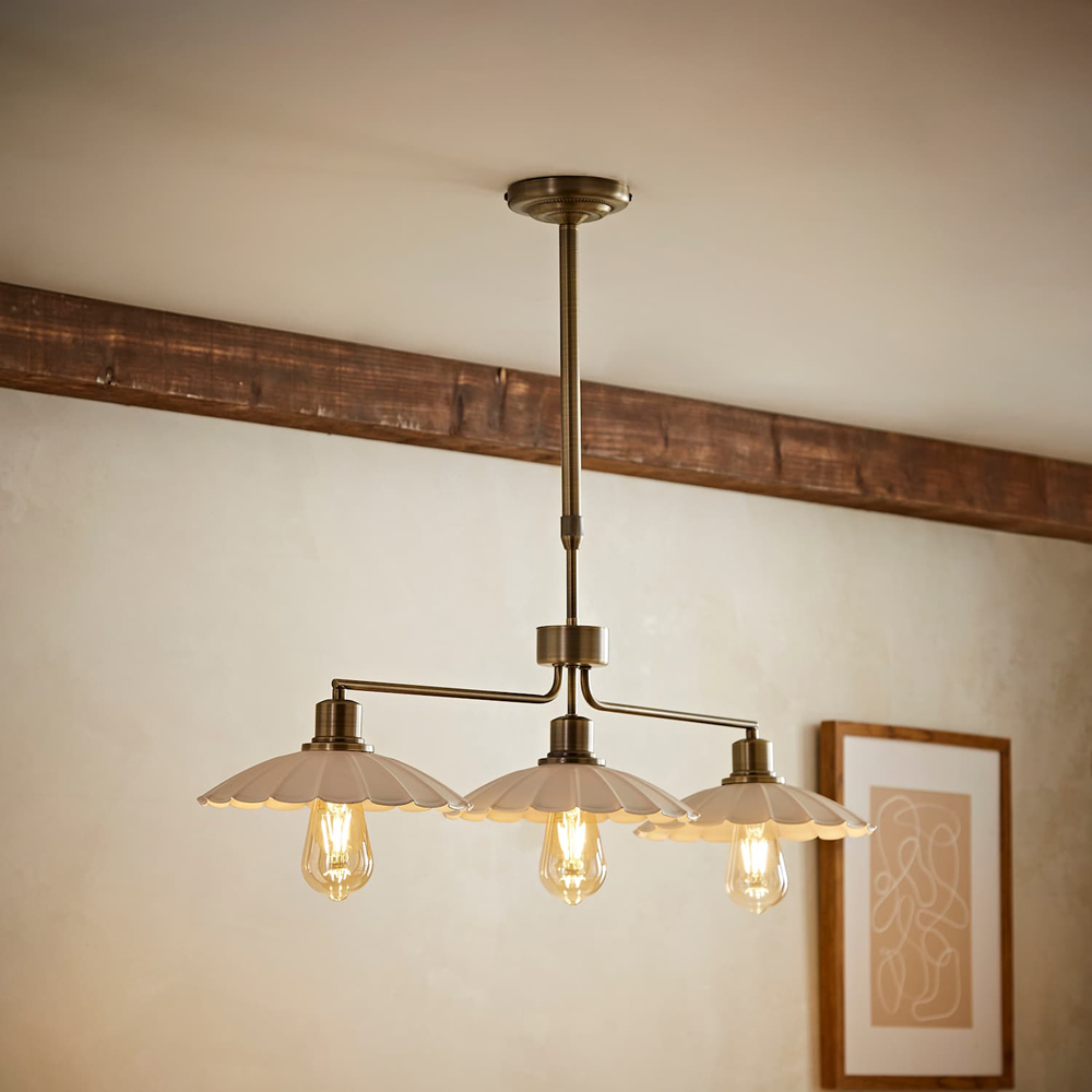 ValueLights Holborn 3 Arm Cream Scallop Putty Shade Brushed Brass Bar Ceiling Light with Bulb Image 2
