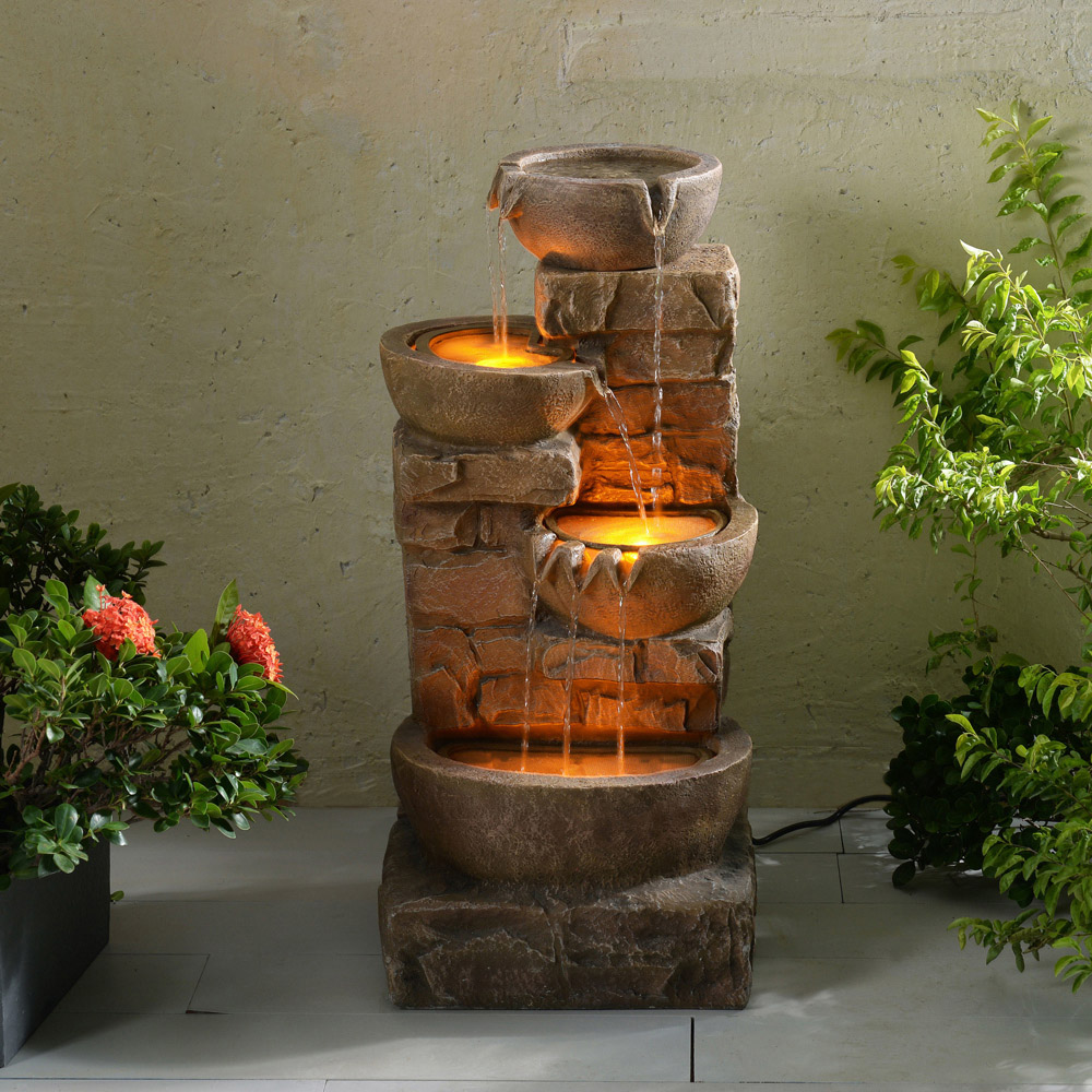 Teamson Home 4-TierLED Brown Cascading Bowl Stone Outdoor Waterfall Fountain Image 5