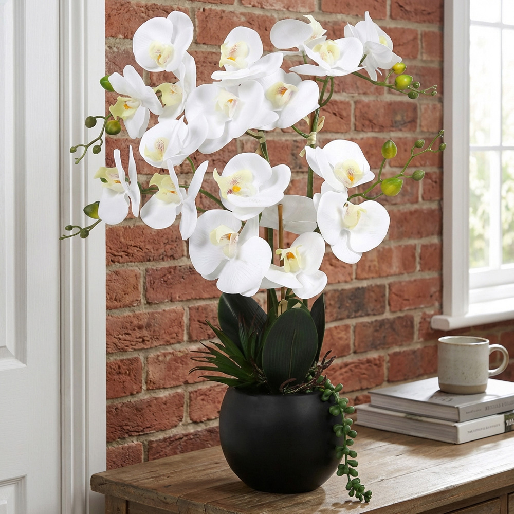 White Orchid in Pot with Succulent Artificial Plant Image 4