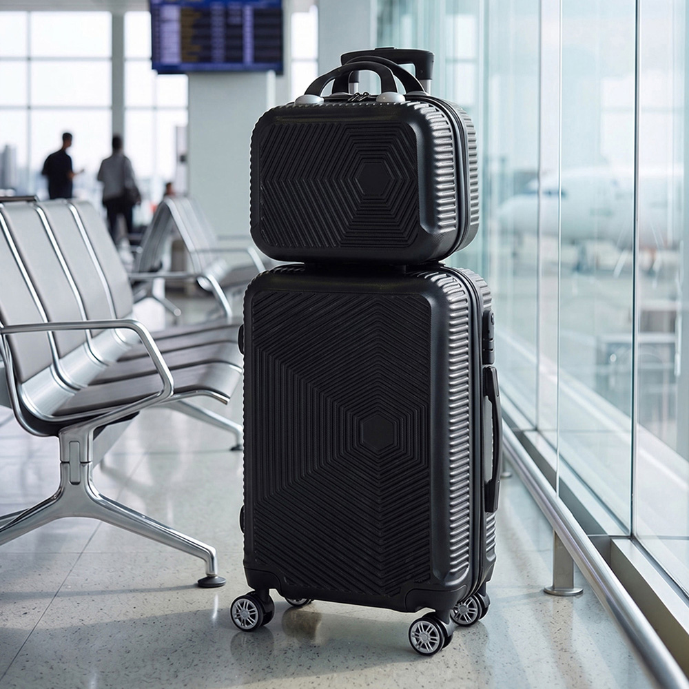 H&O Direct 2 Piece Black ABS Hard Shell Suitcase Set with Spinner Wheels Image 2