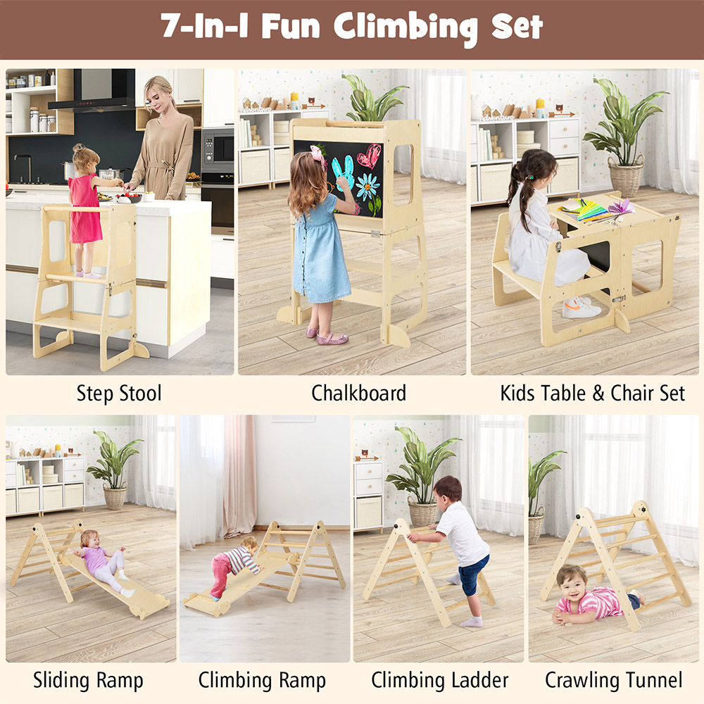 Costway Natural Kids 7 in 1 Foldable Climbing Playset Image 4