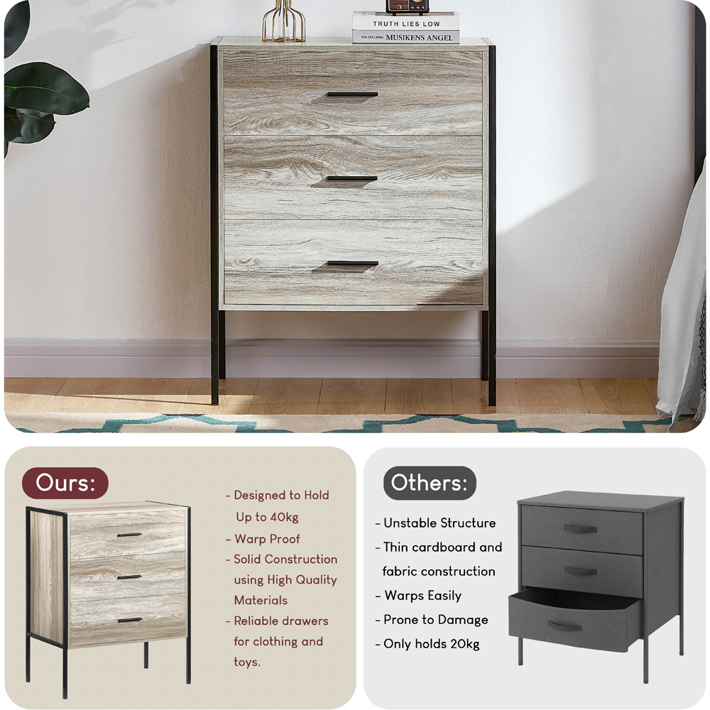 Vida Designs Brooklyn 3 Drawer Grey Rustic Metal Frame Chest of Drawers Image 5