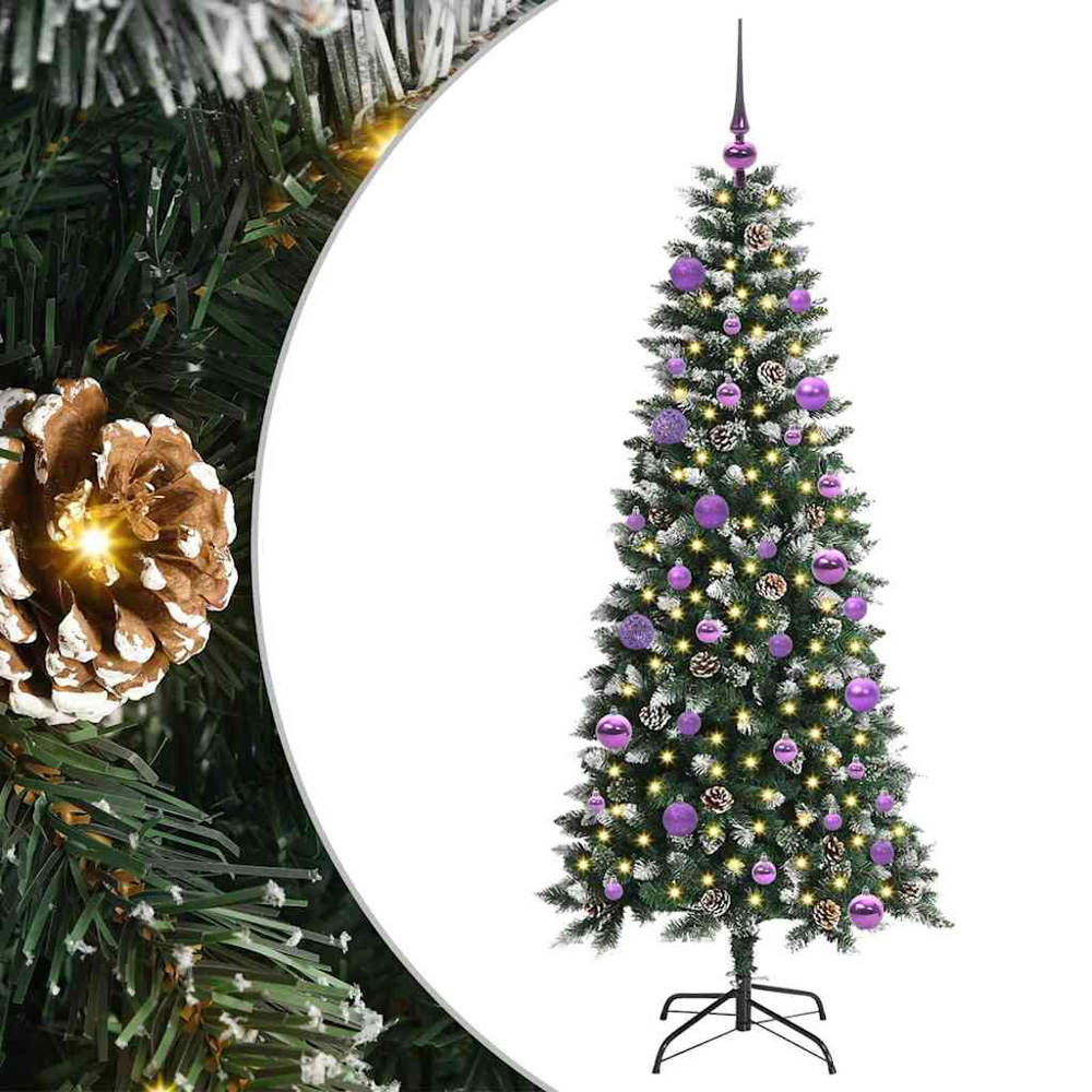 vidaXL Pre-Lit Lilac Baubles Green Artificial Snow Tipped Christmas Tree 5ft Image 2