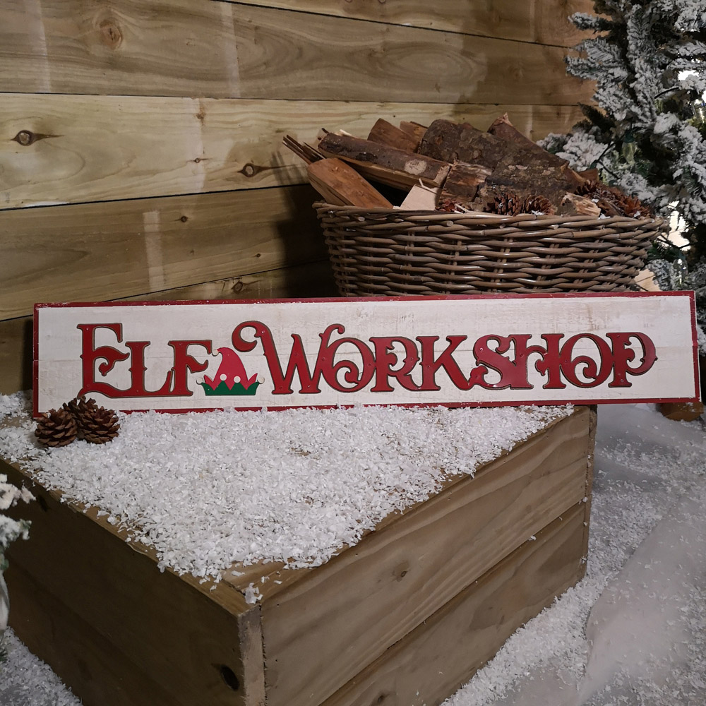 Samuel Alexander Red and White Washed Wooden Christmas Elf Workshop Sign Board 92cm Image 7
