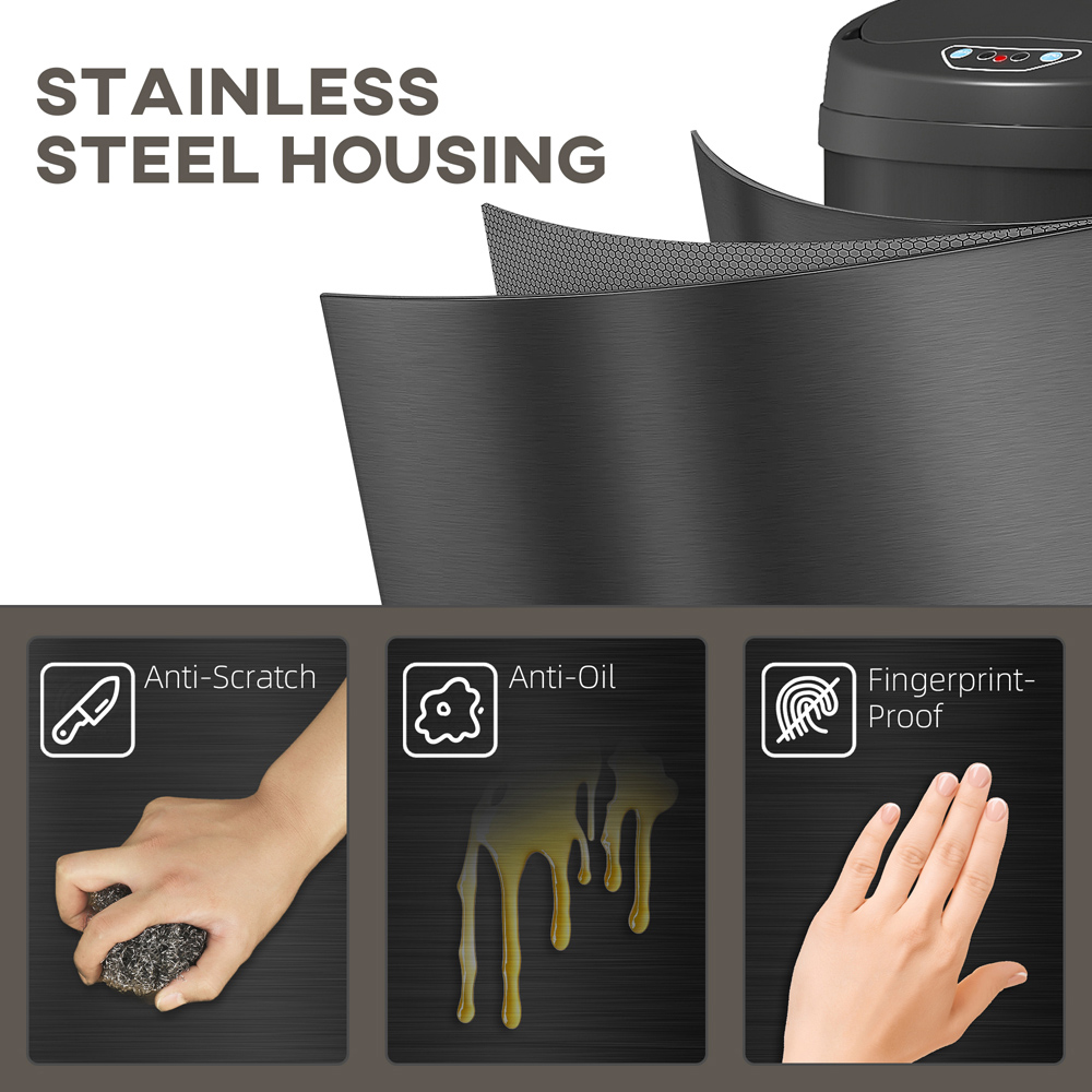 HOMCOM Black Stainless Steel Automatic Sensor Bin with Soft-Close Lid 30L Image 6