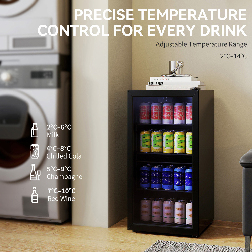 HOMCOM Black 115 Can Under-Counter Freestanding Wine Fridge with LED Glass Door 93L Image 5